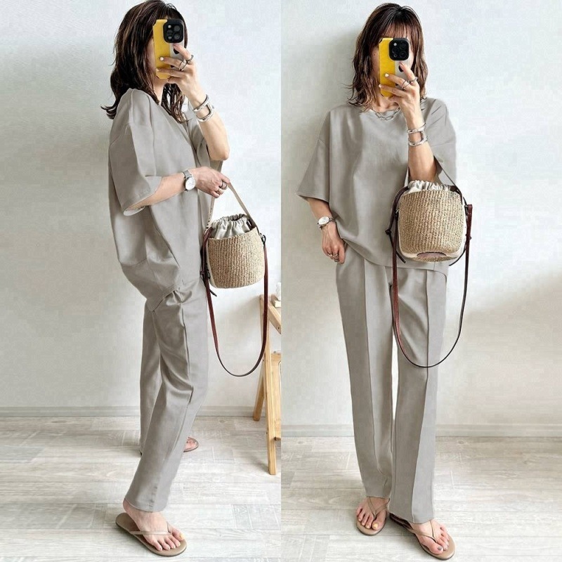 「同梱1万円送料無料」レディース セットアップ 2点セット シンプル ゆったり半袖トップス パンツボトムス大きいサイズ 上下セット / 灰拍卖