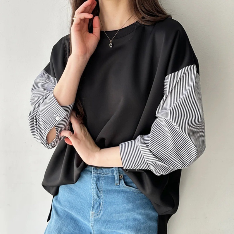 同梱1万円送料無料■Fサイズ■秋新品 ブラウス 切り替え レイヤード風 重ね着 ボーダー柄 長袖 カジュアル チュニック 着痩せ 通勤 通学拍卖