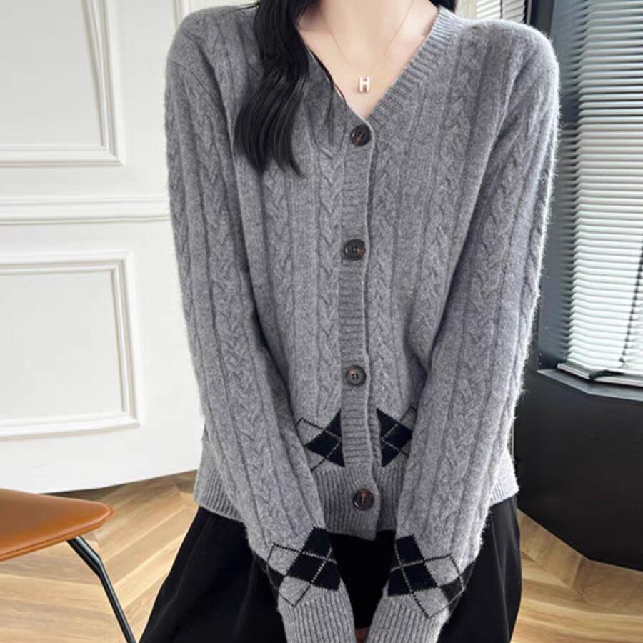 同梱1万円送料無料■ニット カーディガン 羽織り カシミヤ混 配色 ニット セーター 長袖 Vネック 前開き ショート丈 トップス★灰拍卖