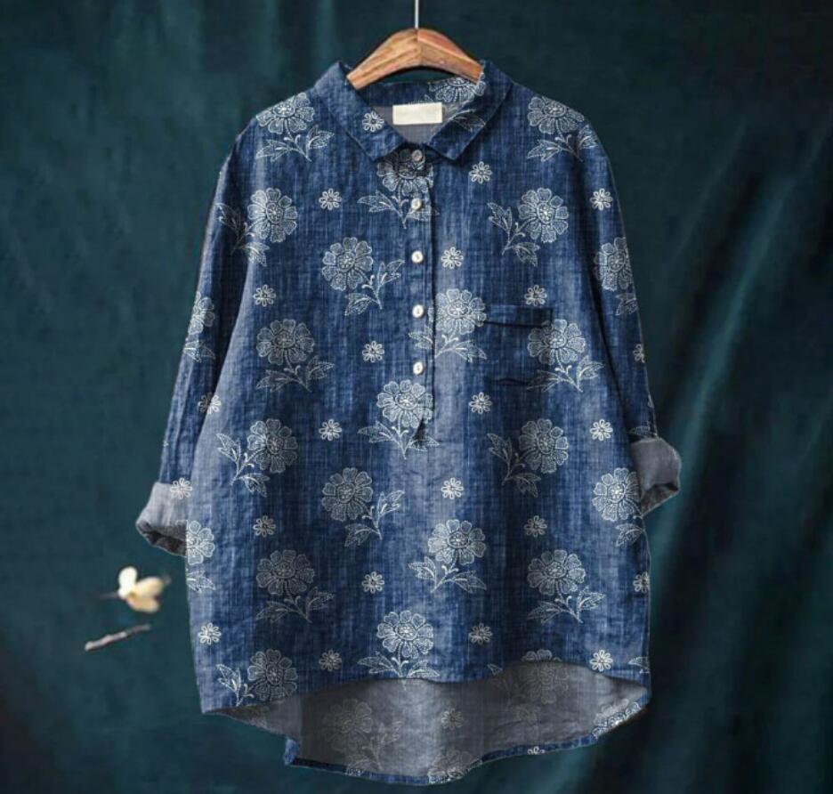 同梱1万円送料無料■シャツ ブラウス 着痩せ チュニックシャツ 綿麻 プリント柄 トップス レディース 長 袖 体型カバー チュニック拍卖