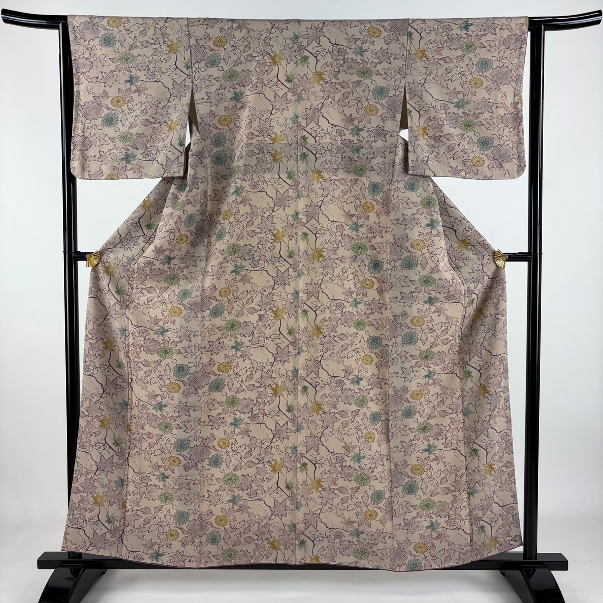 小紋 身丈158cm 裄丈62.5cm S 袷 楓 菊 縮緬 薄小豆 正絹 秀品 【中古】拍卖