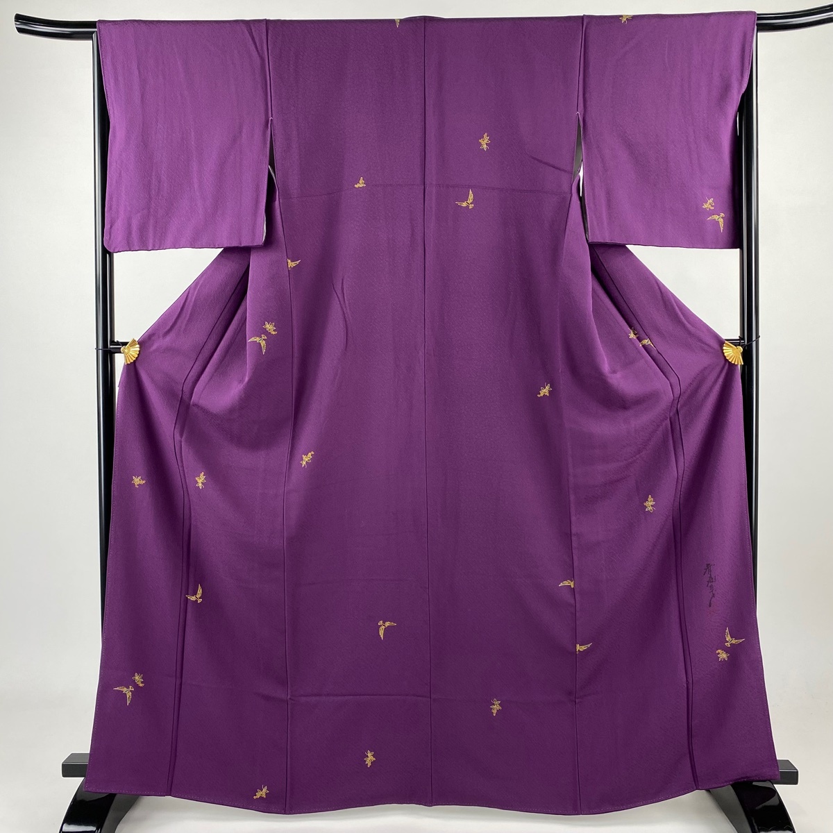 小紋 身丈164cm 裄丈65cm M 袷 斉藤三才 落款 鳥 葉と実 金彩 紫 正絹 秀品 【中古】拍卖