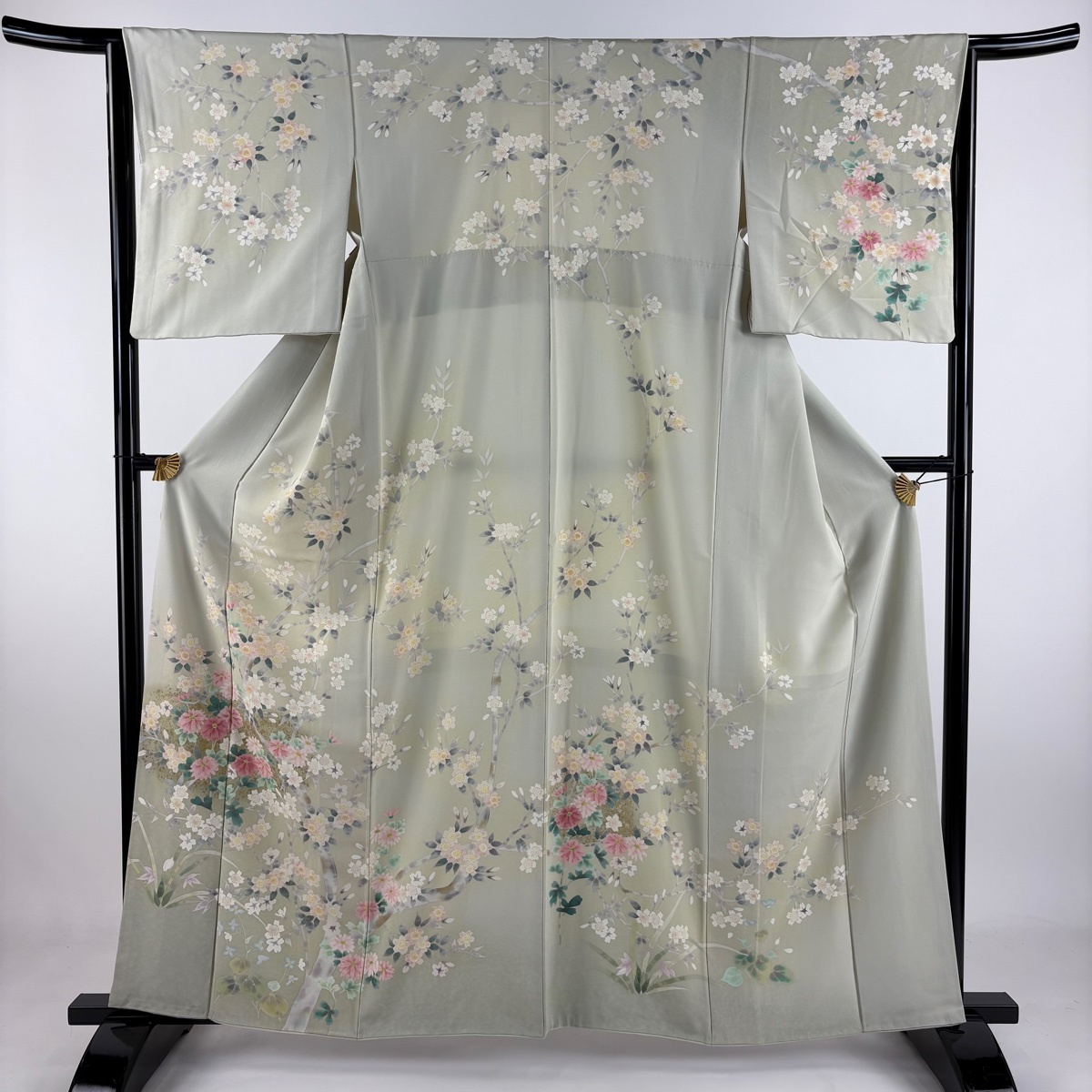 訪問着 身丈161cm 裄丈63cm S 袷 桜 菊 金銀彩 ぼかし 薄緑 正絹 名品 【中古】拍卖
