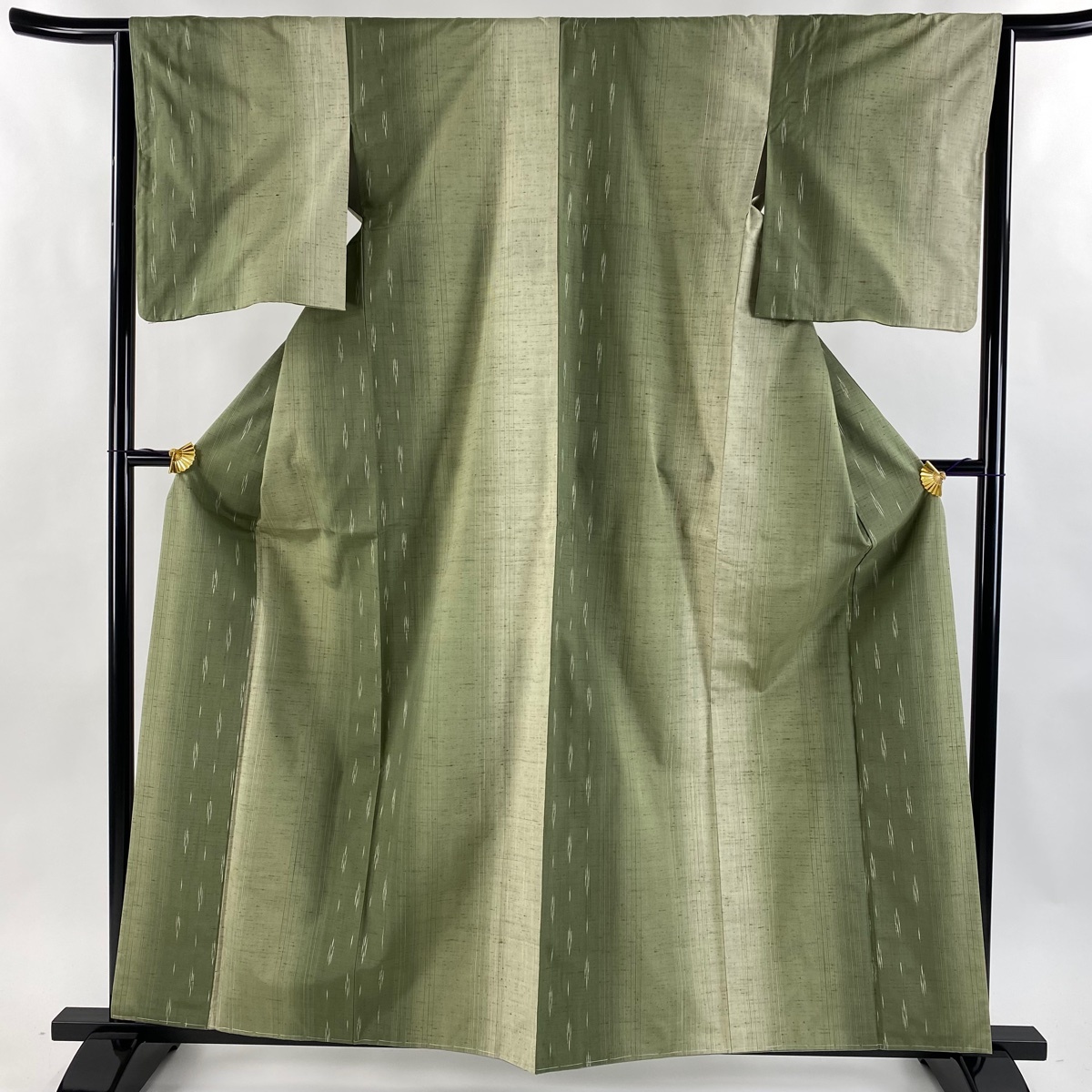 【美品】 紬 身丈160cm 裄丈63.5cm S 袷 縞 幾何学 灰緑 正絹 名品 【中古】拍卖
