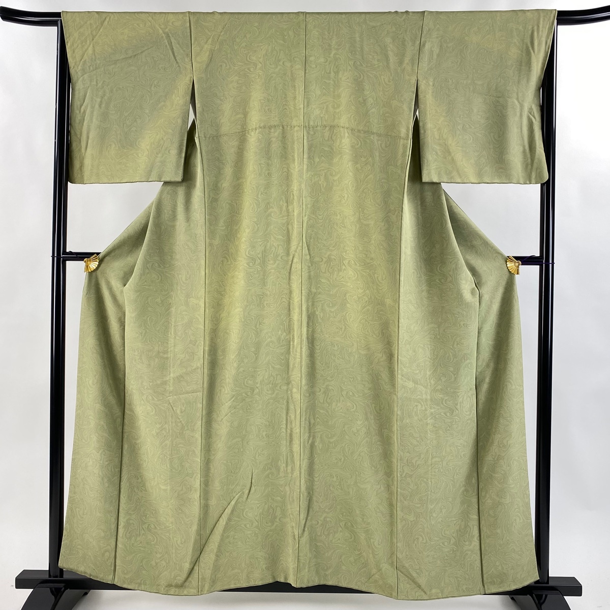 小紋 身丈158cm 裄丈66cm M 袷 墨流し よもぎ色 正絹 名品 【中古】拍卖