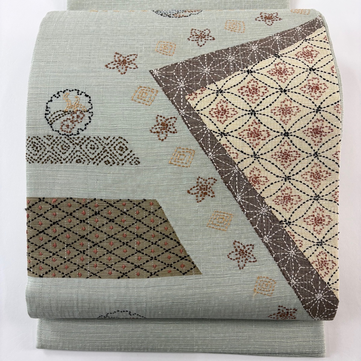 【美品】 袋帯 名品 有職文様 雪輪 薄緑 お太鼓柄 正絹 【中古】拍卖