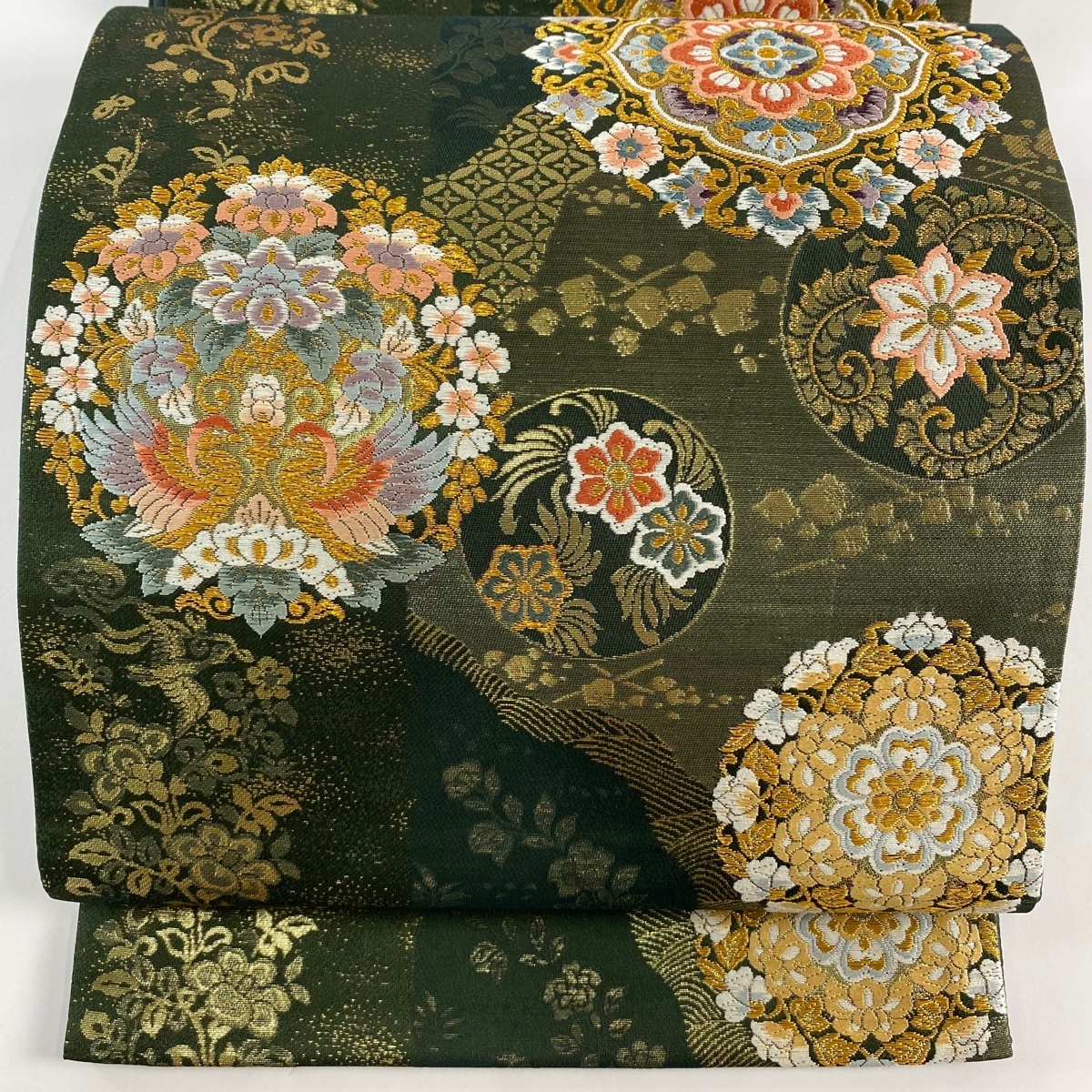 【美品】 袋帯 秀品 華文 向鳥 金糸 箔 深緑 六通 正絹 【中古】拍卖