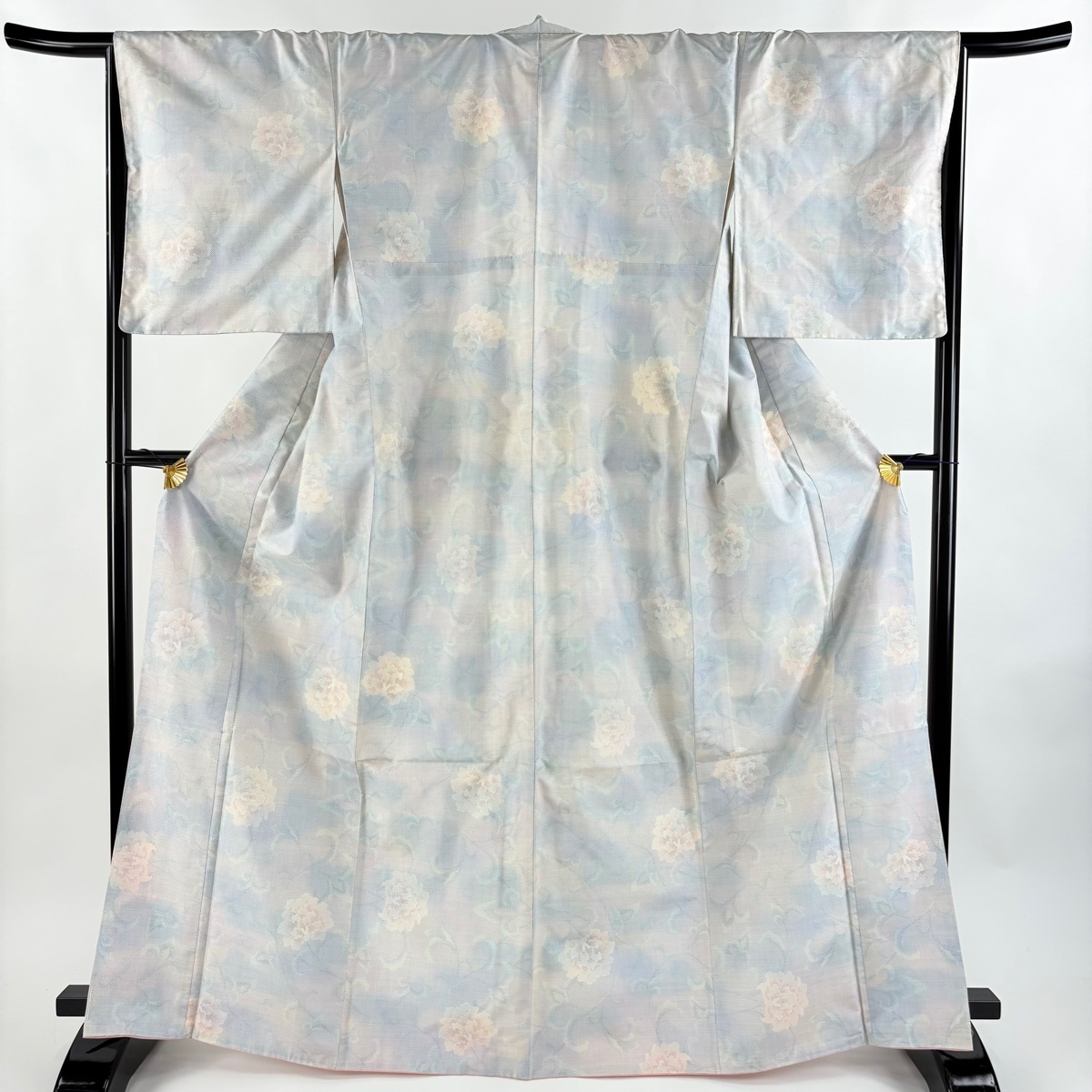 大島紬 身丈166.5cm 裄丈67.5cm L 袷 都喜ヱ門 藤白泥 証紙 花唐草 青灰色 正絹 逸品 【中古】拍卖