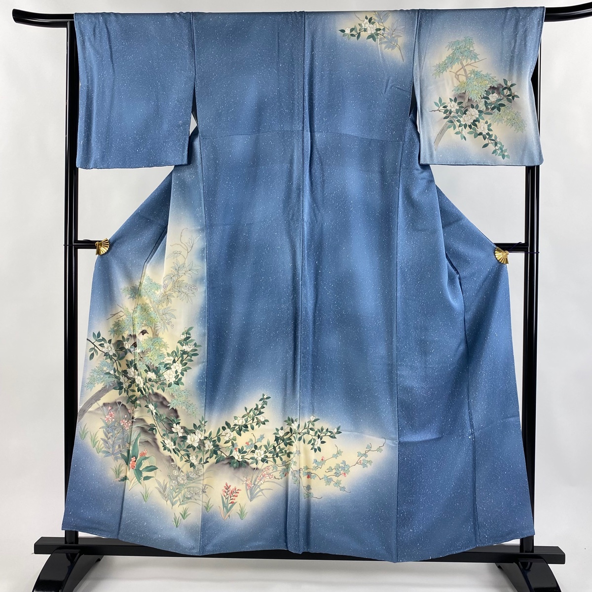 訪問着 身丈157.5cm 裄丈65.5cm M 袷 鳥 枝花 ぼかし 水色 正絹 秀品 【中古】拍卖
