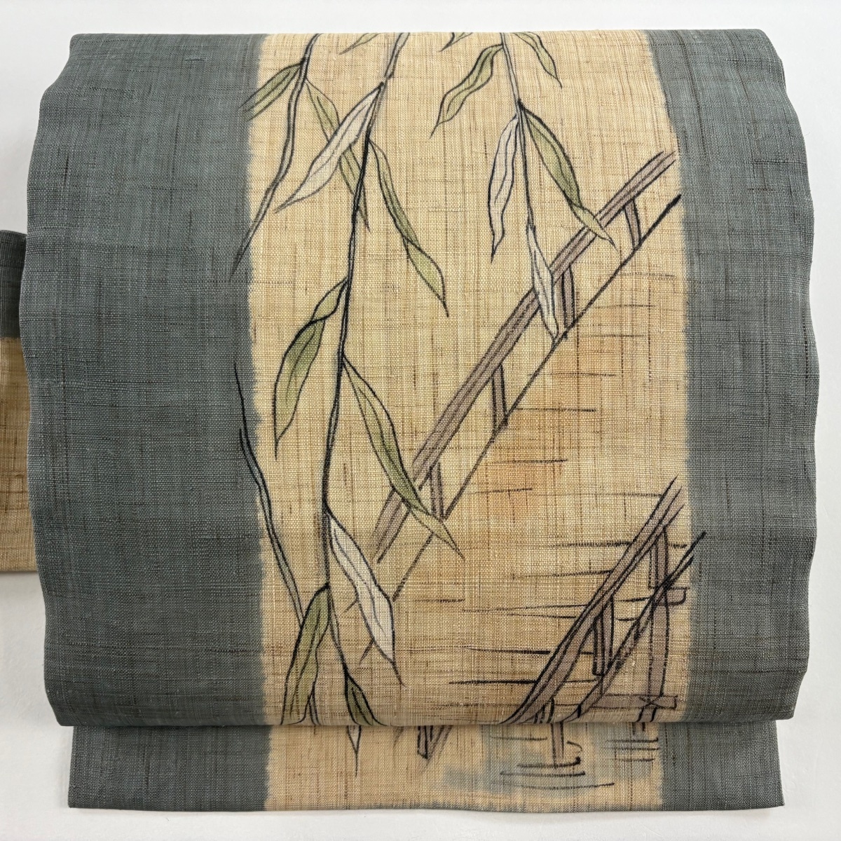 名古屋帯 秀品 夏帯 紬地 柳 橋 染め分け 灰緑 正絹 【中古】拍卖