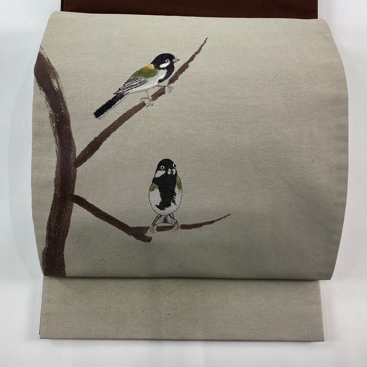 【美品】 袋帯 秀品 枝 鳥 刺繍 金銀彩 灰色 お太鼓柄 正絹 【中古】拍卖