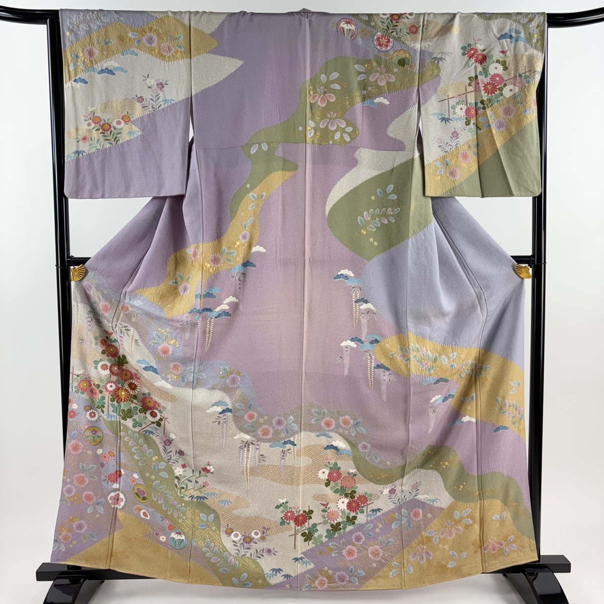 訪問着 身丈163.5cm 裄丈65.5cm M 袷 菊 松竹梅 金糸 金彩 薄紫 正絹 名品 【中古】拍卖