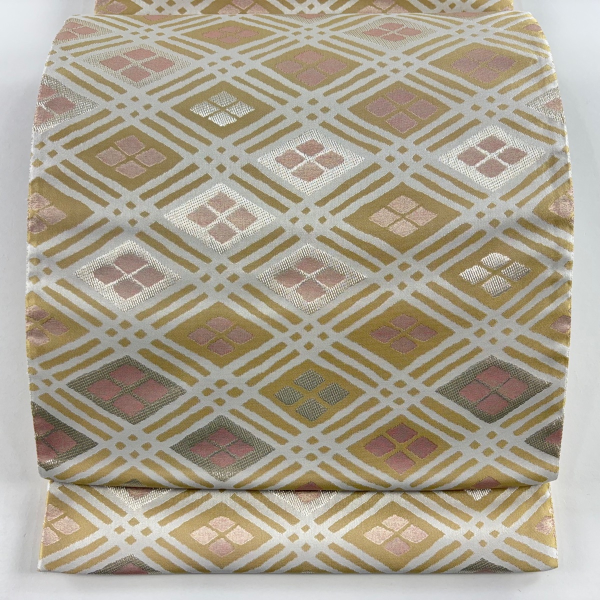 袋帯 秀品 菱 斜め格子 箔 銀糸 ベージュ 六通 正絹 【中古】拍卖