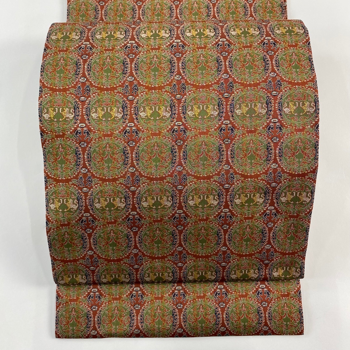 【美品】 開き名古屋帯 名品 紬地 動物 丸文 赤茶 正絹 【中古】拍卖