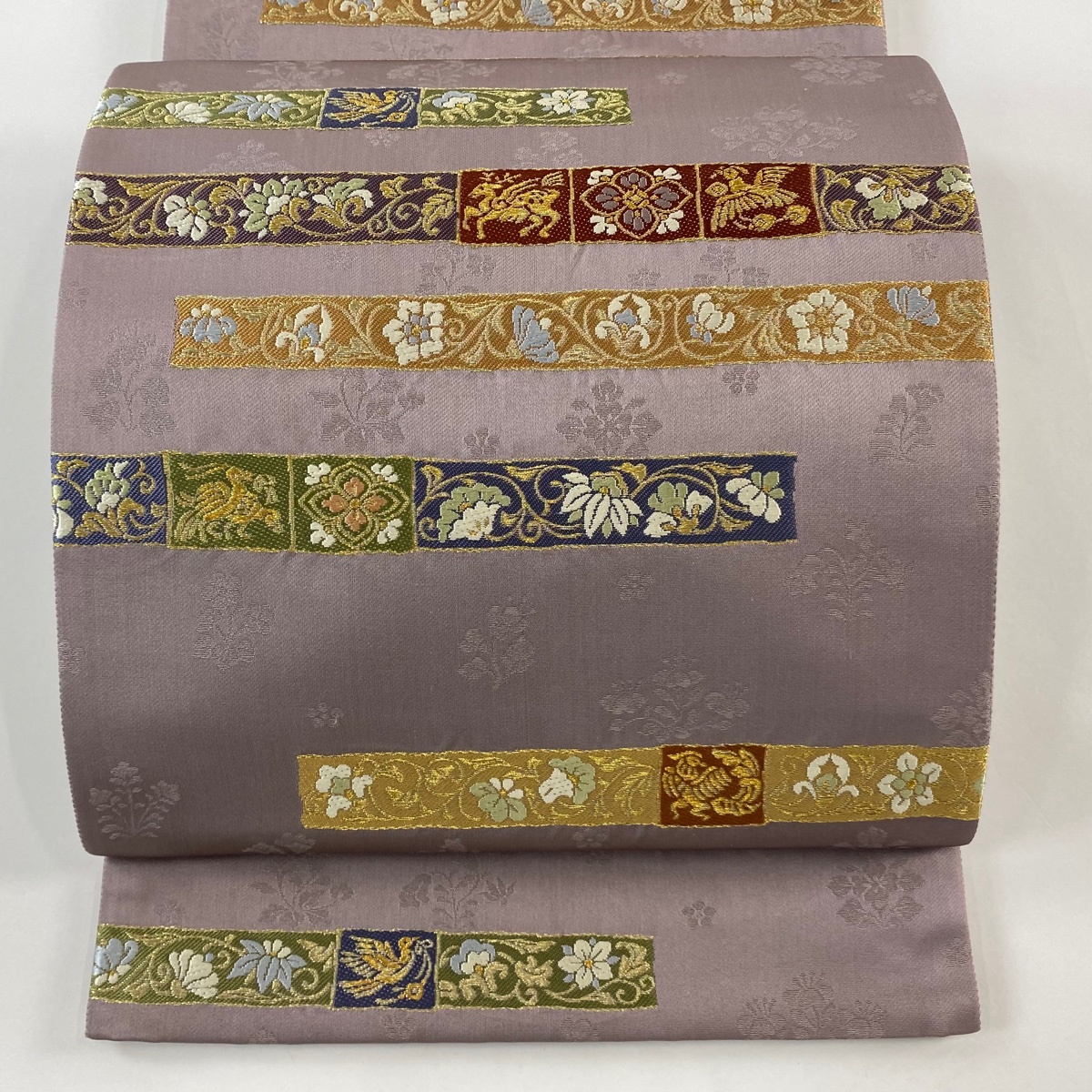 袋帯 秀品 段縞 花唐草 金糸 薄紫 六通 正絹 【中古】拍卖