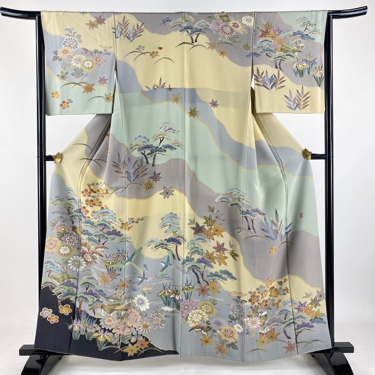 訪問着 身丈159.5cm 裄丈65cm M 袷 田村哲彦 落款 松 家屋 染め分け 灰紫 正絹 逸品 一つ紋 【中古】拍卖