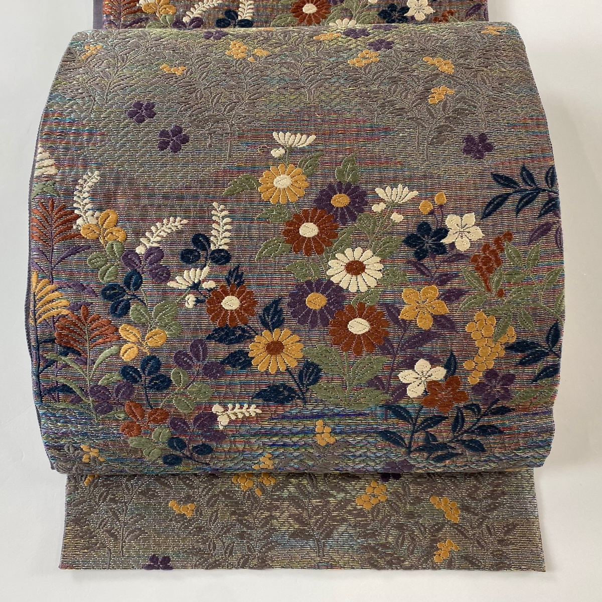 【美品】 袋帯 秀品 草花 葉と実 刺繍 金銀糸 灰紫 六通 正絹 【中古】拍卖