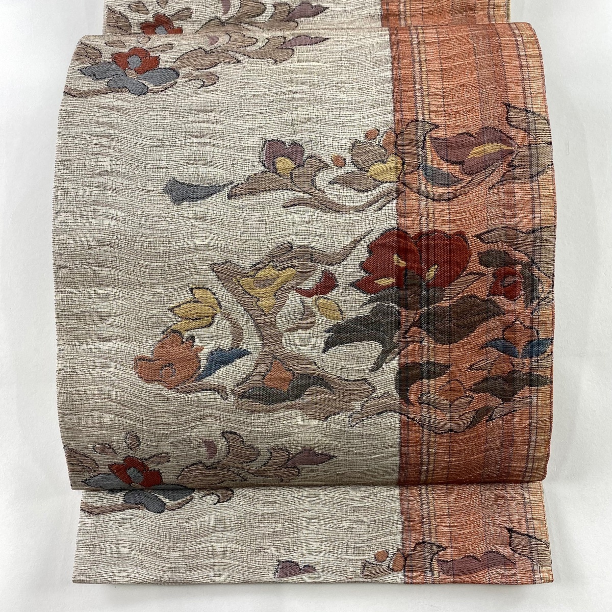 【美品】 袋帯 秀品 草花 縞 箔 茜色 六通 正絹 【中古】拍卖