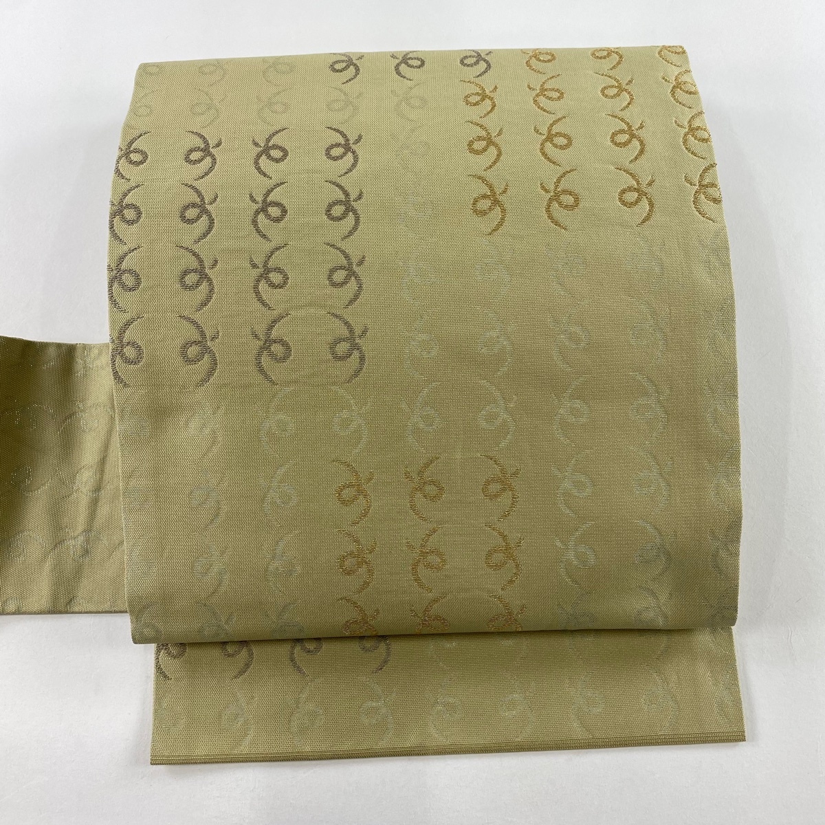 名古屋帯 秀品 川島織物 落款 幾何学 鳥 箔 抹茶色 正絹 【中古】拍卖