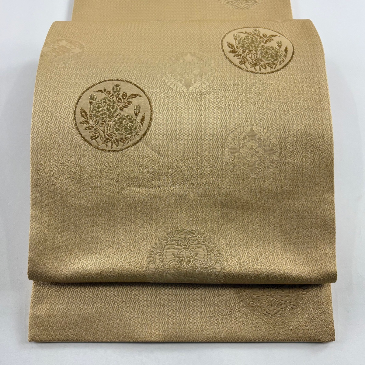 袋帯 秀品 丸文 草花 金糸 薄茶色 お太鼓柄 正絹 【中古】拍卖