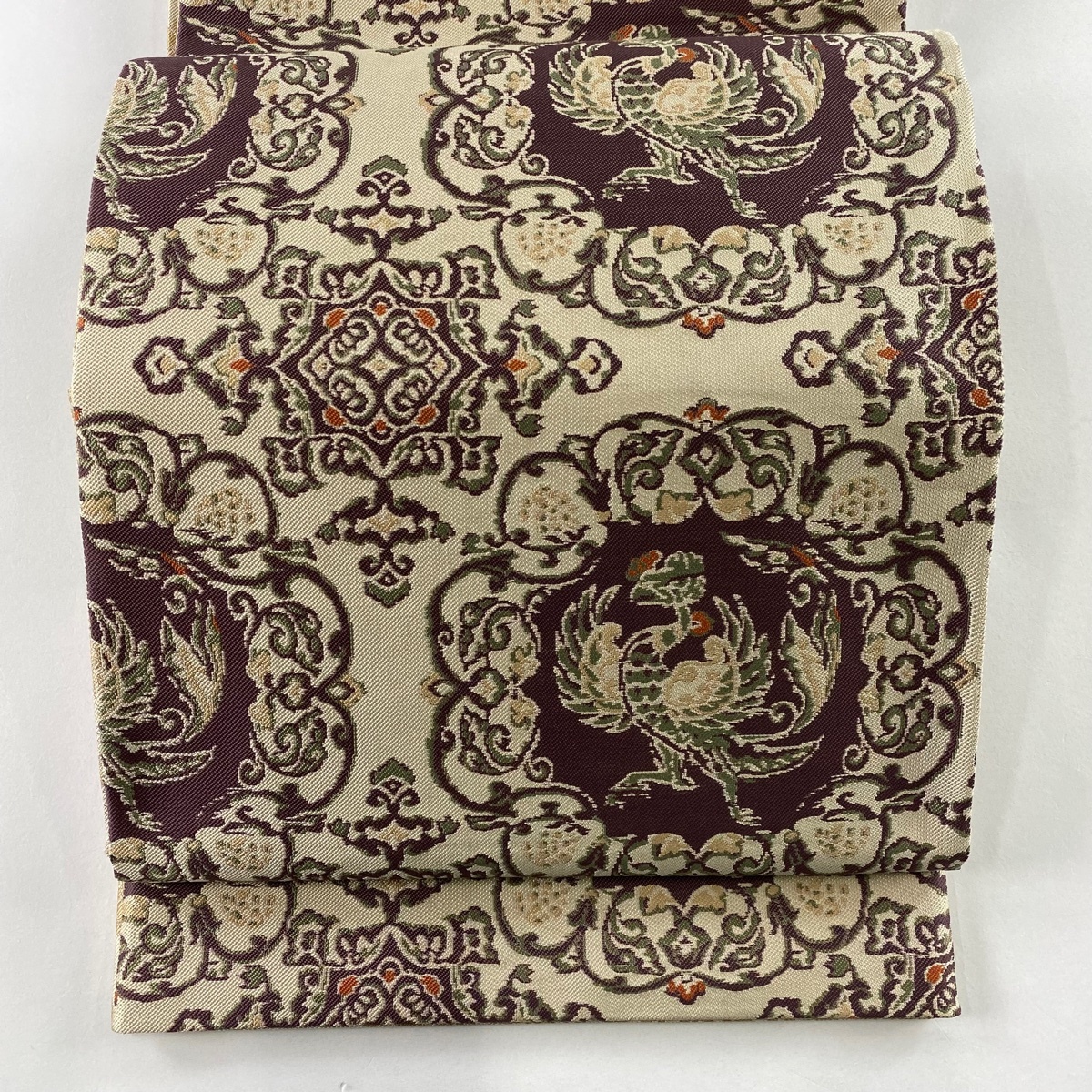 【美品】 袋帯 秀品 紬地 鳳凰 華文 ベージュ 六通 正絹 【中古】拍卖