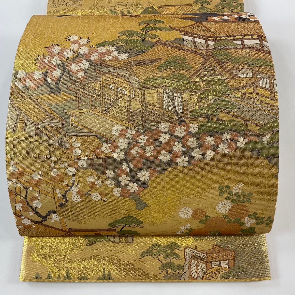 【美品】 袋帯 秀品 建物 雲文 金糸 箔 金色 お太鼓柄 正絹 【中古】拍卖