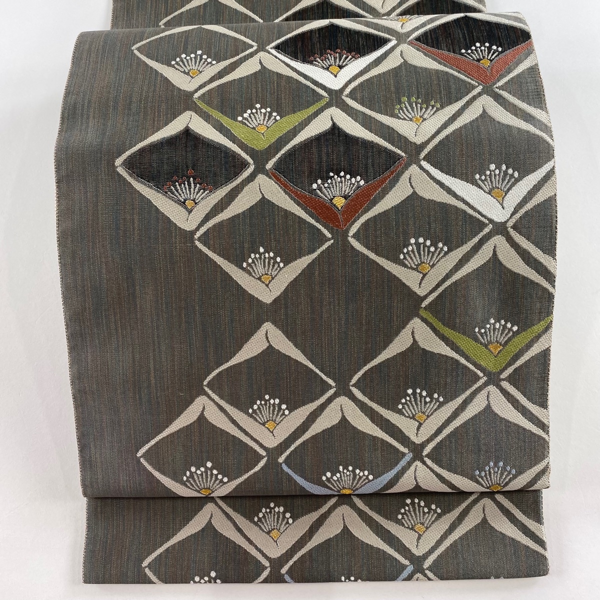 【美品】 袋帯 名品 花 金糸 灰色 六通 正絹 【中古】拍卖