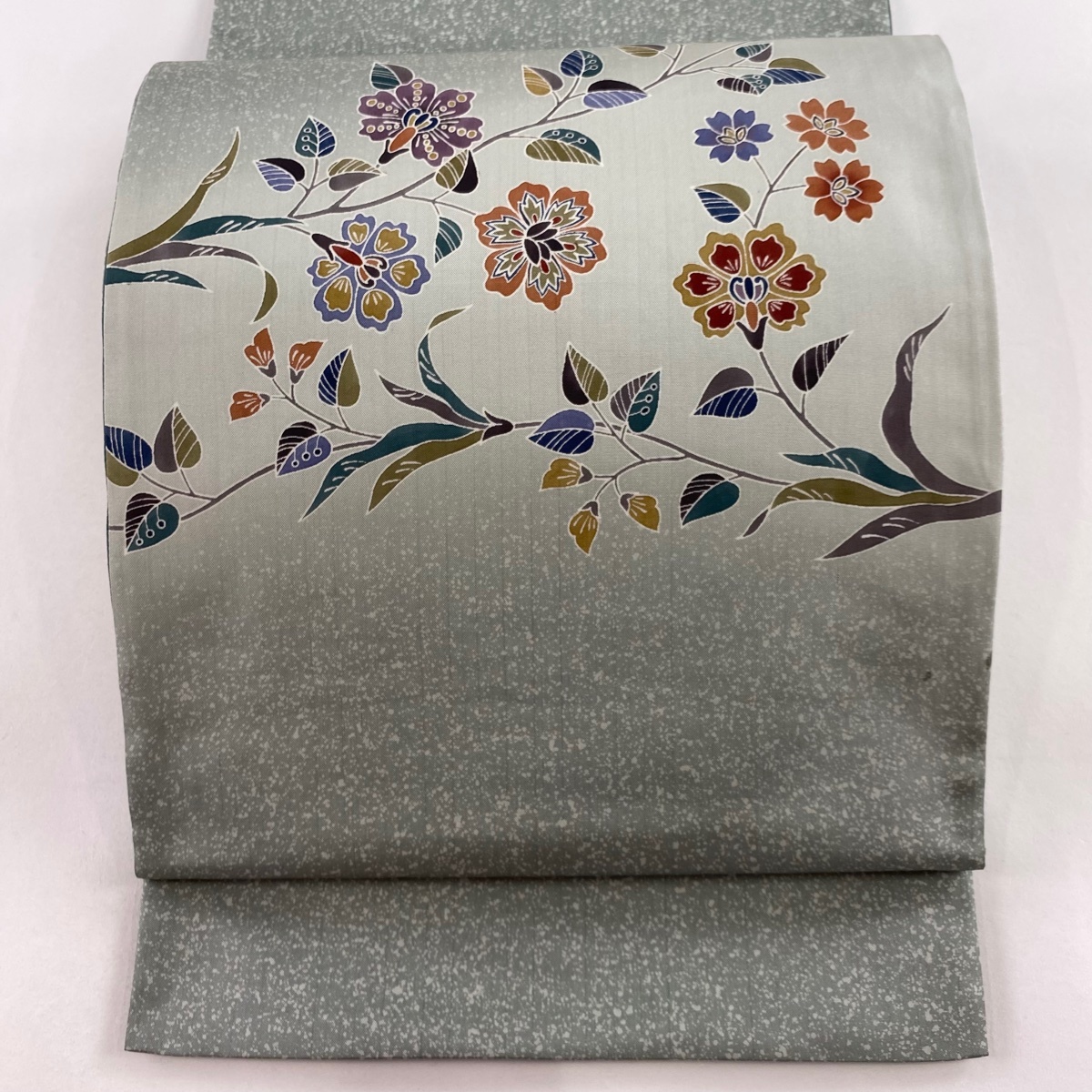 【美品】 袋帯 名品 手描友禅染 草花 灰緑 お太鼓柄 正絹 【中古】拍卖