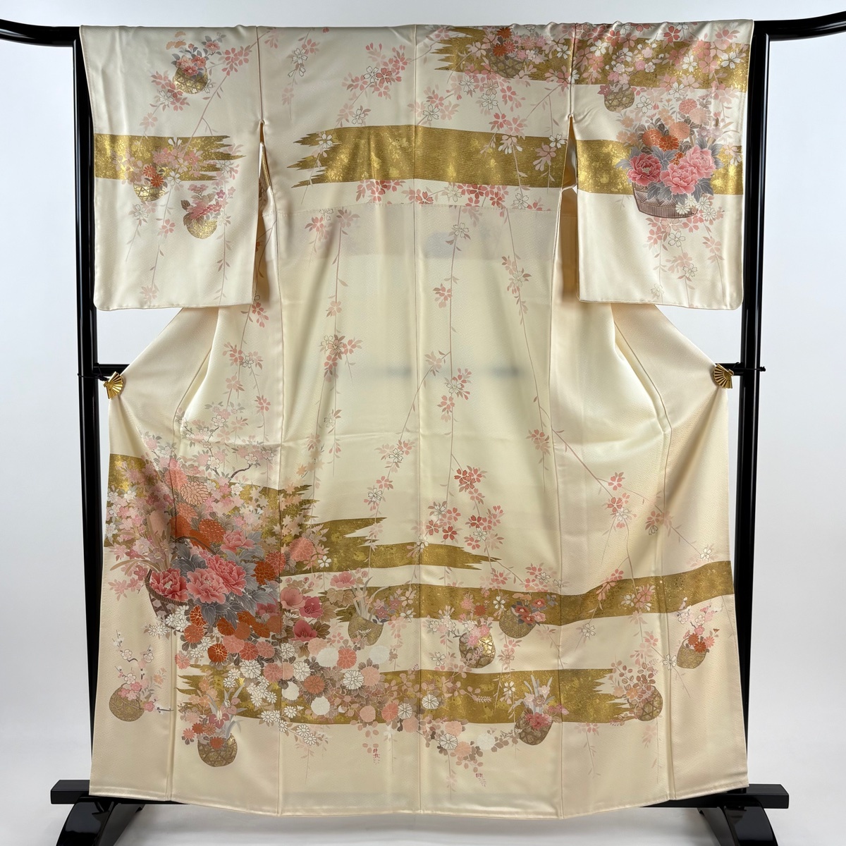 訪問着 身丈161cm 裄丈64cm M 袷 花籠 霞 金糸 金彩 クリーム 正絹 秀品 【中古】拍卖