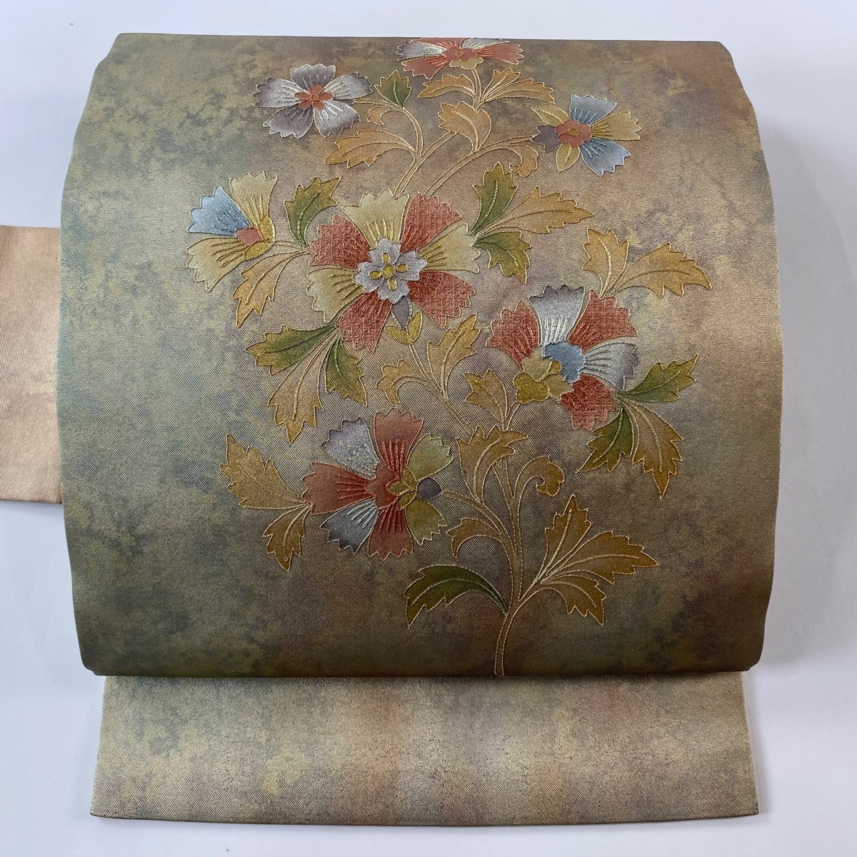 名古屋帯 優品 草花 金糸 箔 薄茶色 正絹 【中古】拍卖