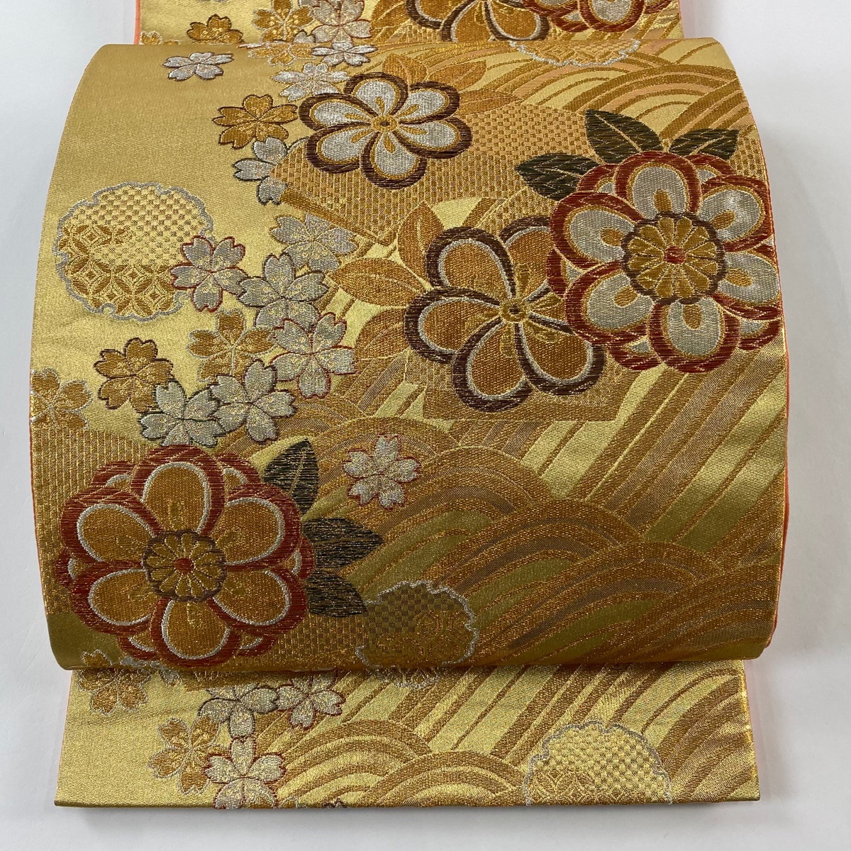 袋帯 秀品 振袖向き 花 桜 金銀糸 箔 金色 六通 正絹 【中古】拍卖