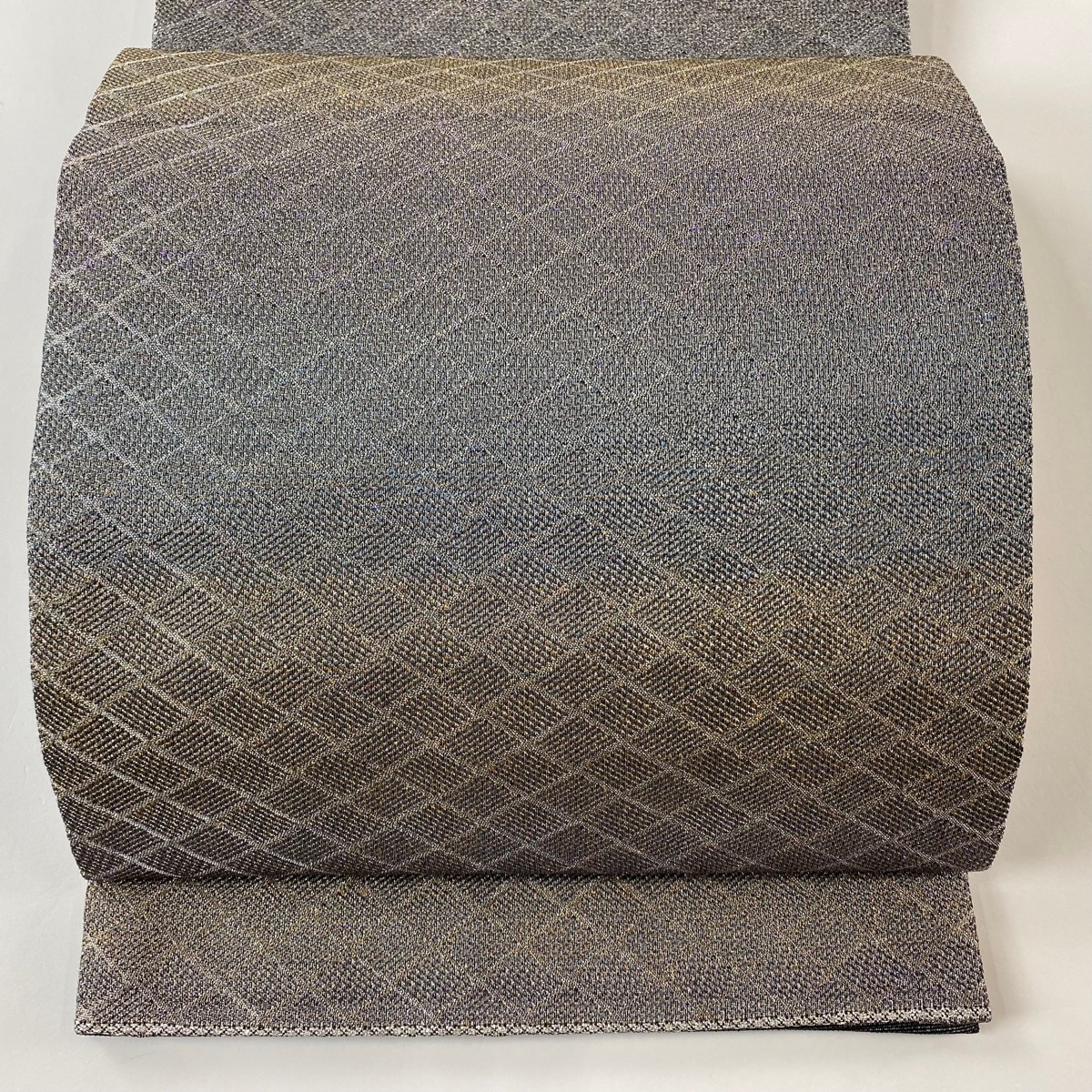 【美品】 袋帯 秀品 斜め格子 銀糸 灰色 六通 正絹 【中古】拍卖