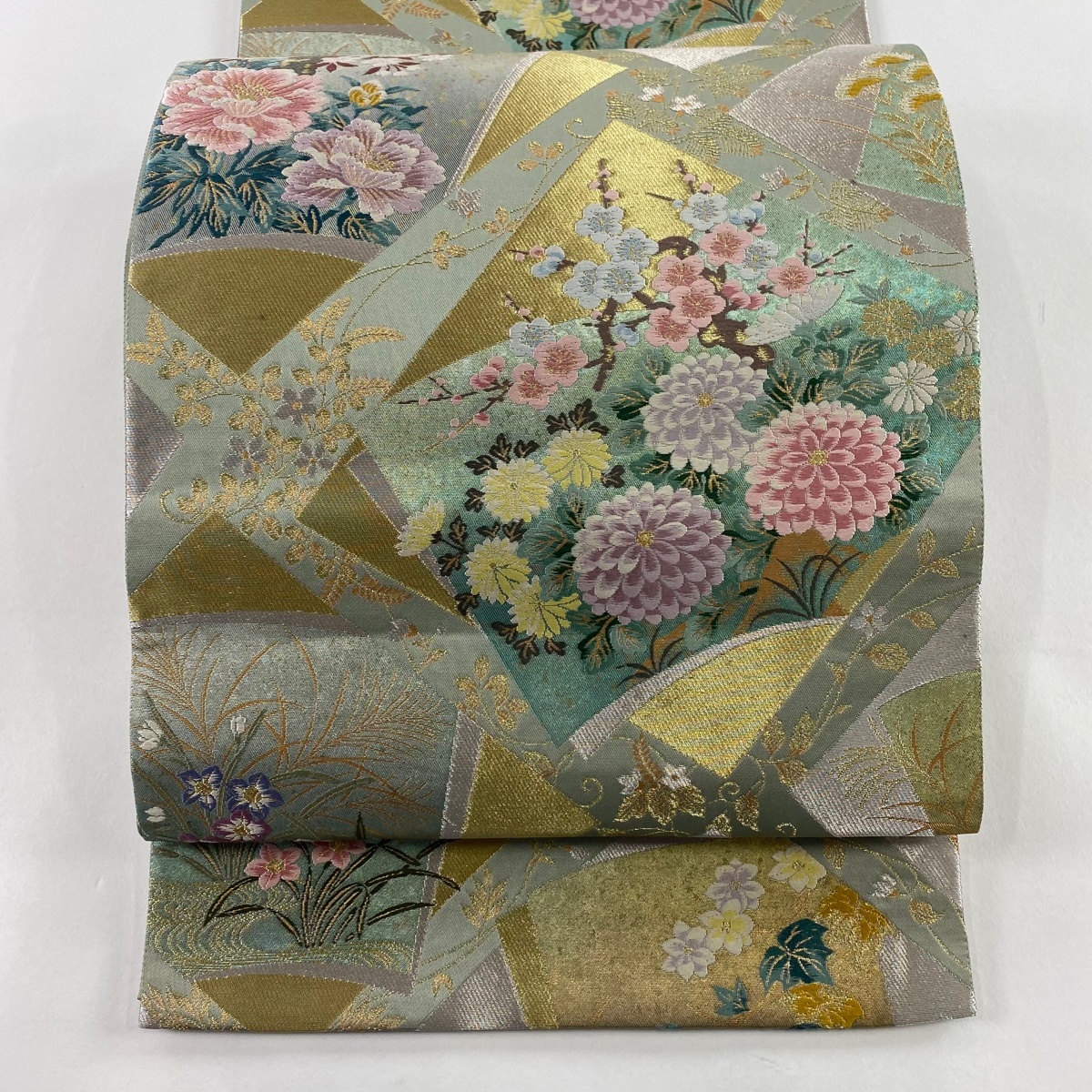 【美品】 袋帯 秀品 冊子 草花 金銀糸 唐織 薄緑 六通 正絹 【中古】拍卖