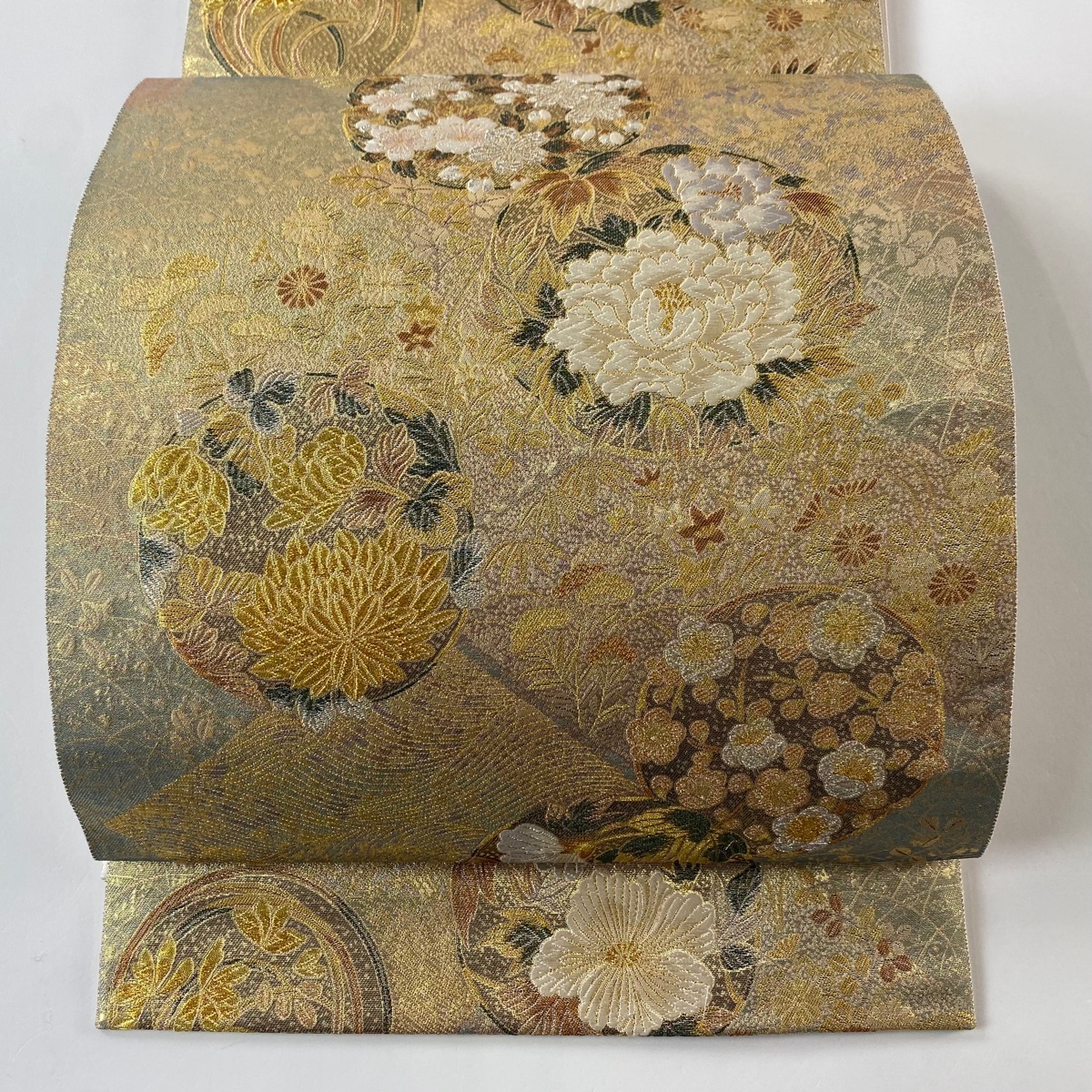【美品】 袋帯 秀品 花丸文 牡丹 金銀糸 箔 金色 六通 正絹 【中古】拍卖