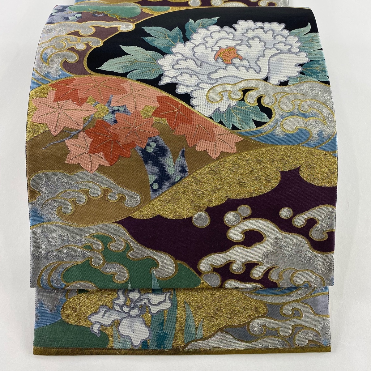 【美品】 袋帯 秀品 関西仕立て 牡丹 波頭 金銀糸 箔 黒 六通 正絹 【中古】拍卖