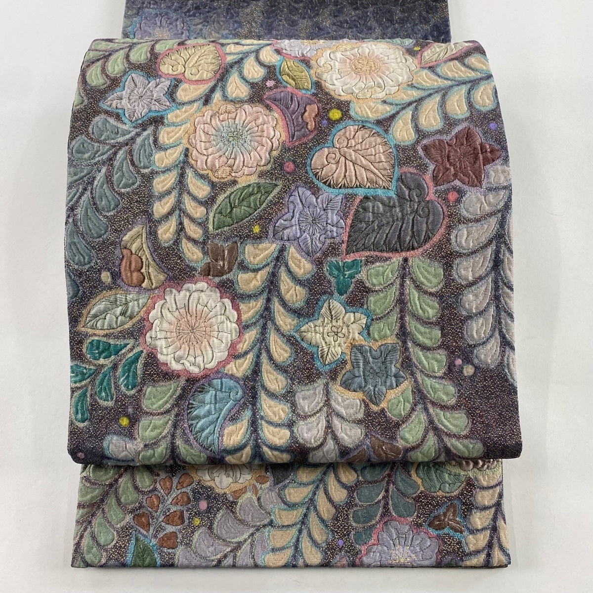 【美品】 袋帯 秀品 辻が花 金糸 箔 茶紫 お太鼓柄 正絹 【中古】拍卖