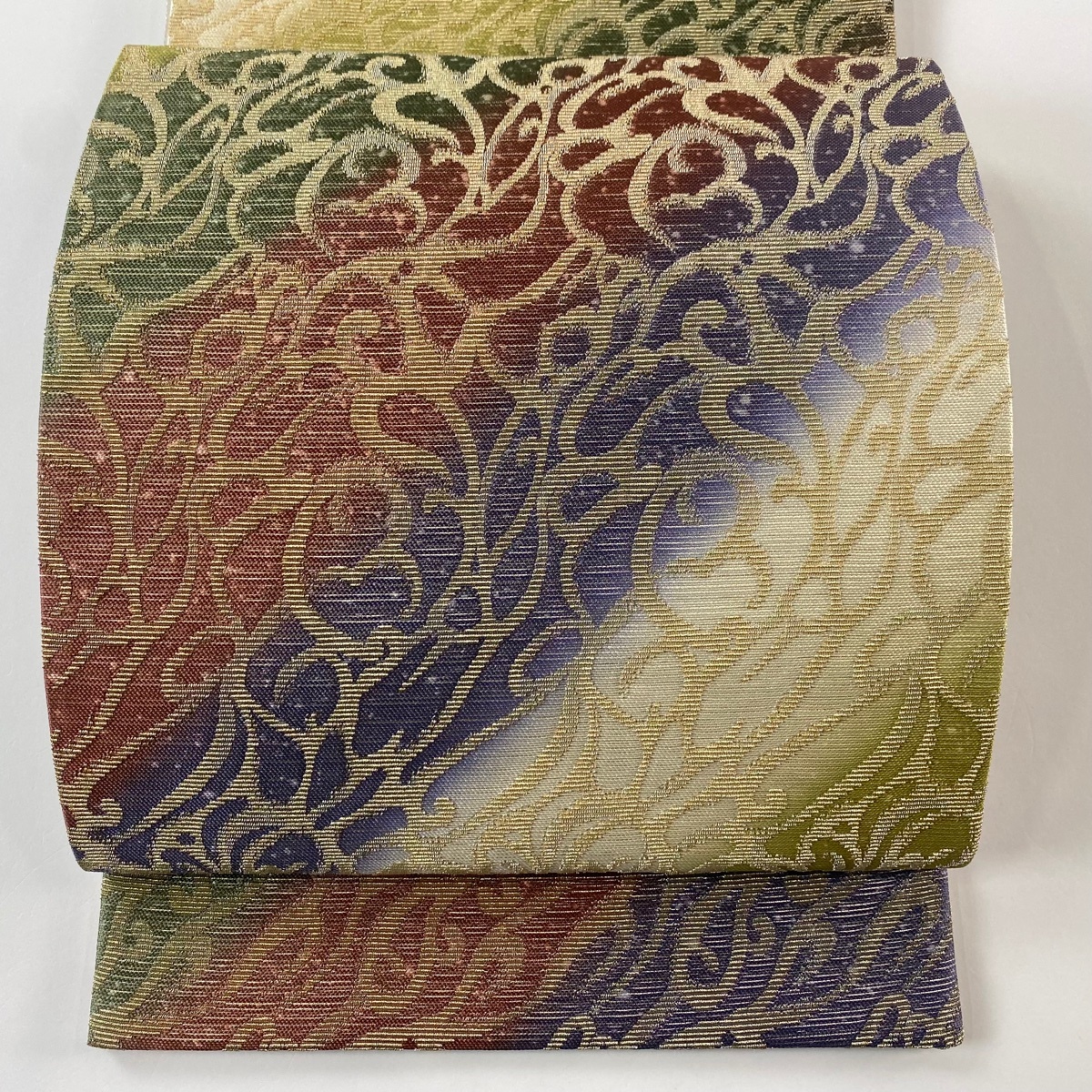 【美品】 袋帯 逸品 唐草 金糸 金華山織 青紫 全通 正絹 【中古】拍卖