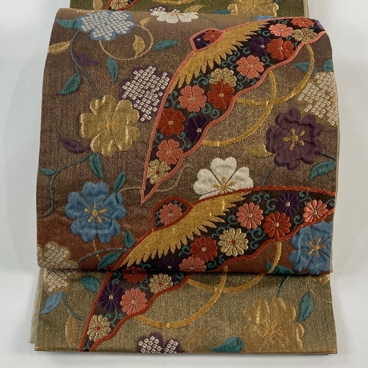 【美品】 袋帯 秀品 花笠 菊唐草 唐織 箔 茶色 六通 正絹 【中古】拍卖