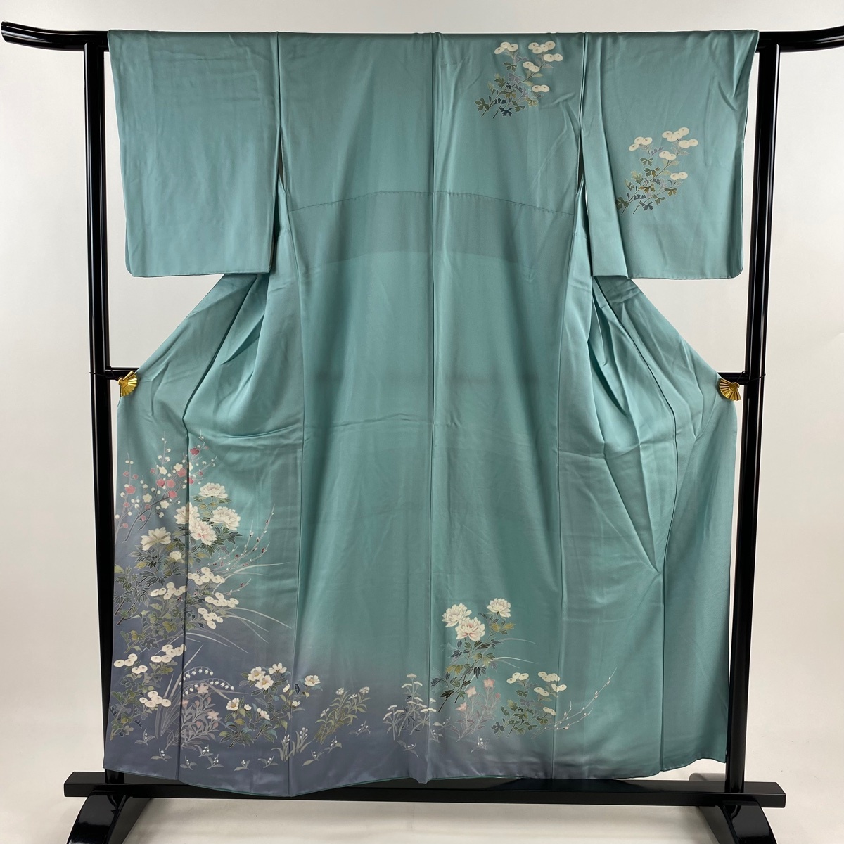 訪問着 身丈155cm 裄丈63cm S 袷 万寿菊 牡丹 ぼかし 水色 正絹 秀品 【中古】拍卖