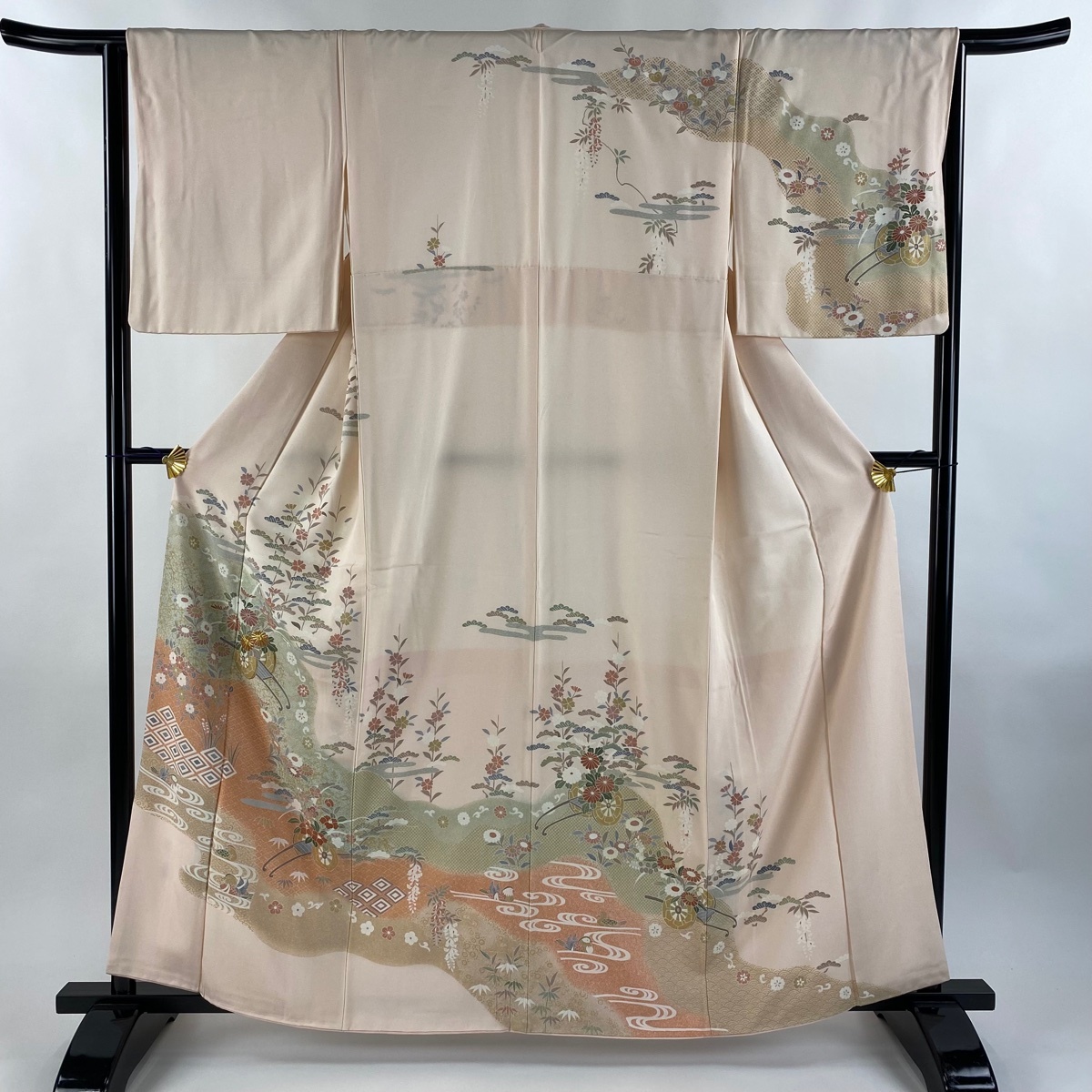 訪問着 身丈160cm 裄丈65cm M 袷 花車 流水 金糸 金彩 薄ピンク 正絹 秀品 【中古】拍卖