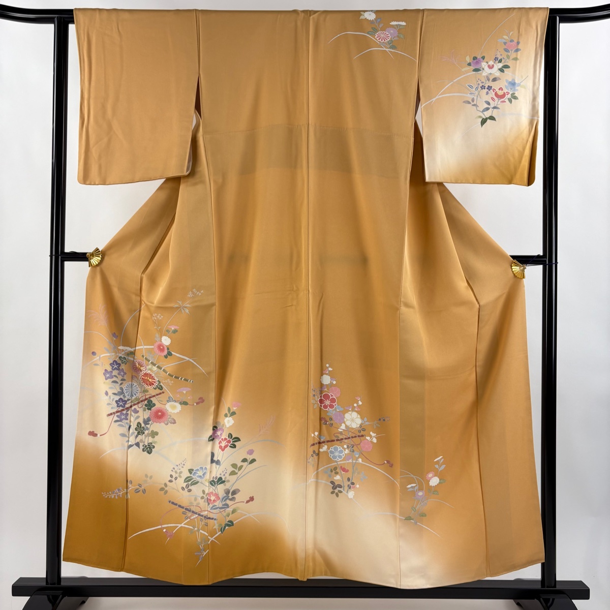 訪問着 身丈154.5cm 裄丈62cm S 袷 菊 笛 金糸 ぼかし オレンジ 正絹 秀品 【中古】拍卖