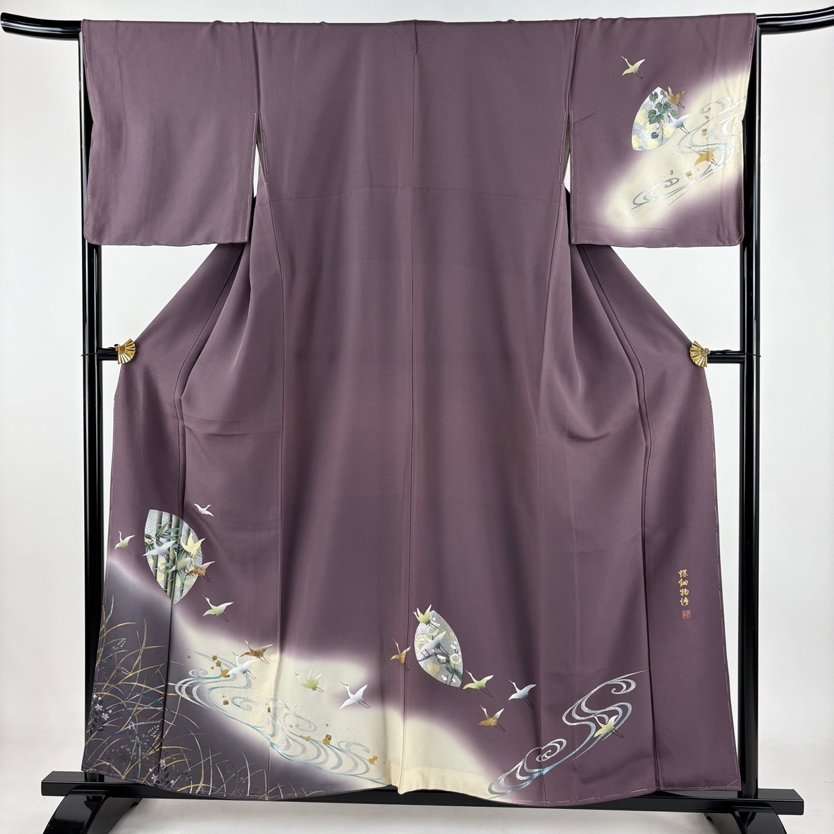 訪問着 身丈157.5cm 裄丈67cm M 袷 落款 鶴 竹 螺鈿 金銀彩 灰紫 正絹 逸品 【中古】拍卖