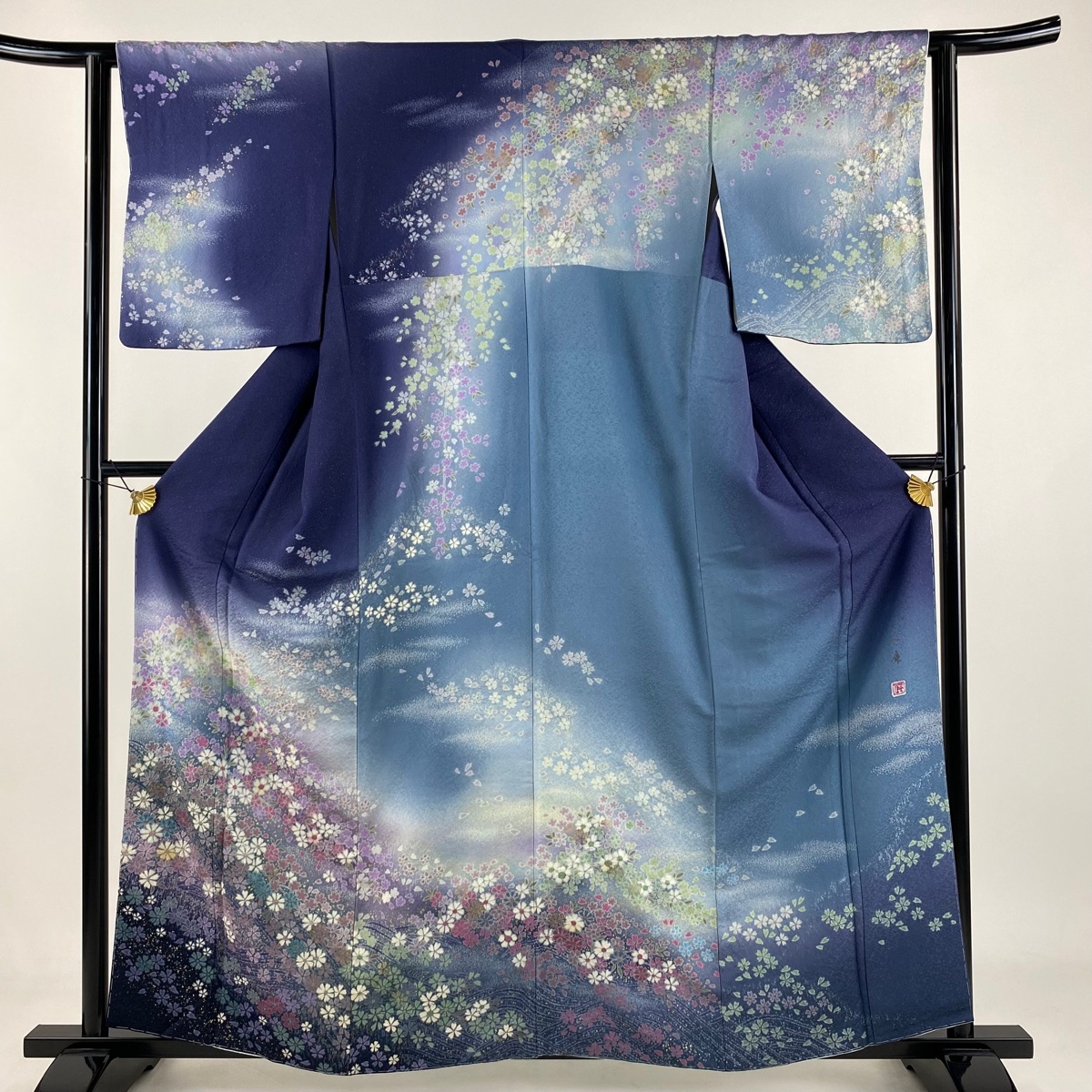 訪問着 身丈160cm 裄丈63cm S 袷 吉乃一廉 落款 辻が花 銀通し 金彩 青紫 正絹 逸品 【中古】拍卖