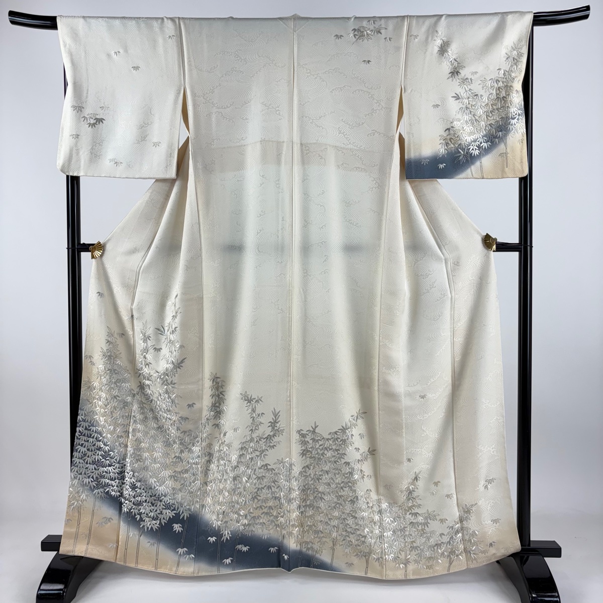 訪問着 身丈163cm 裄丈68cm L 袷 竹 地紋 刺繍 染め分け クリーム 正絹 逸品 【中古】拍卖