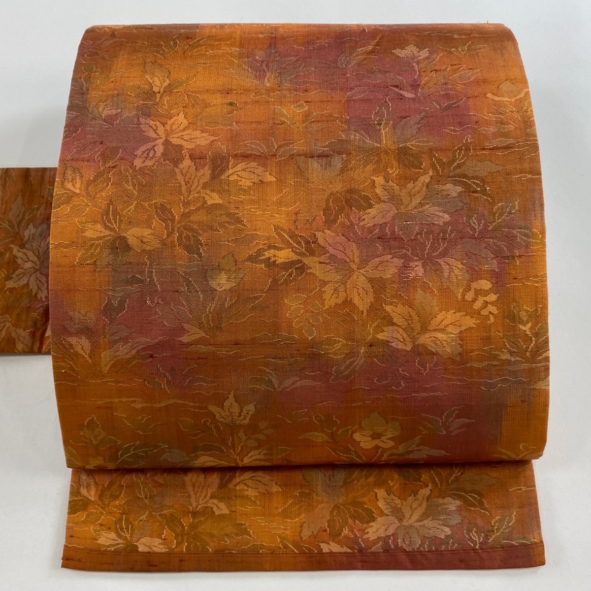 【美品】 名古屋帯 優品 関西仕立て 紬地 草花 オレンジ 正絹 【中古】拍卖