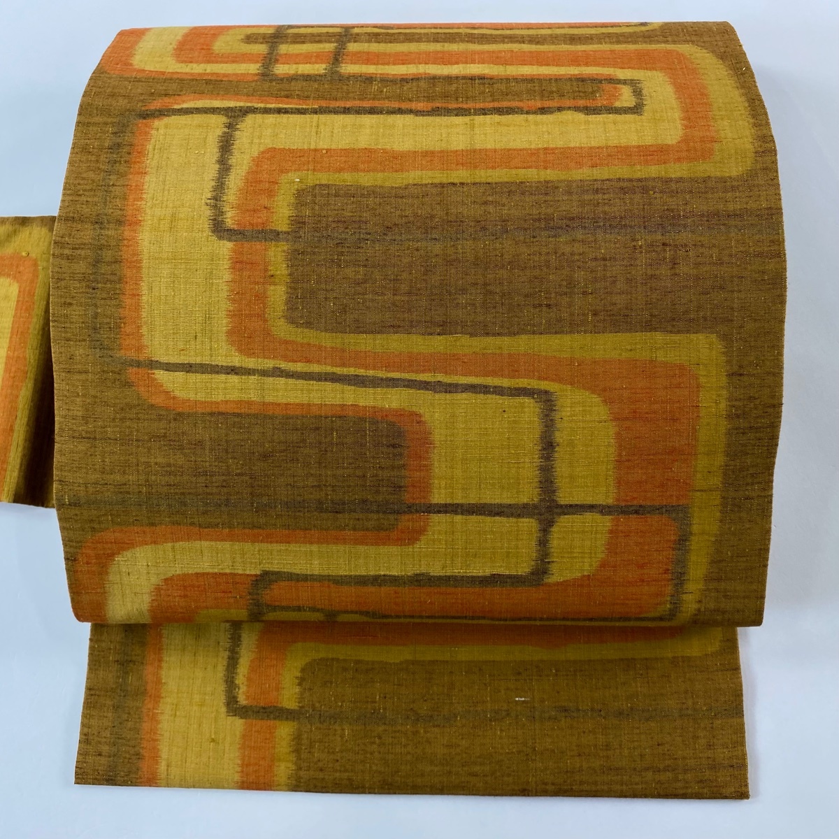 【美品】 名古屋帯 優品 紬地 幾何学模様 茶色 正絹 【中古】拍卖