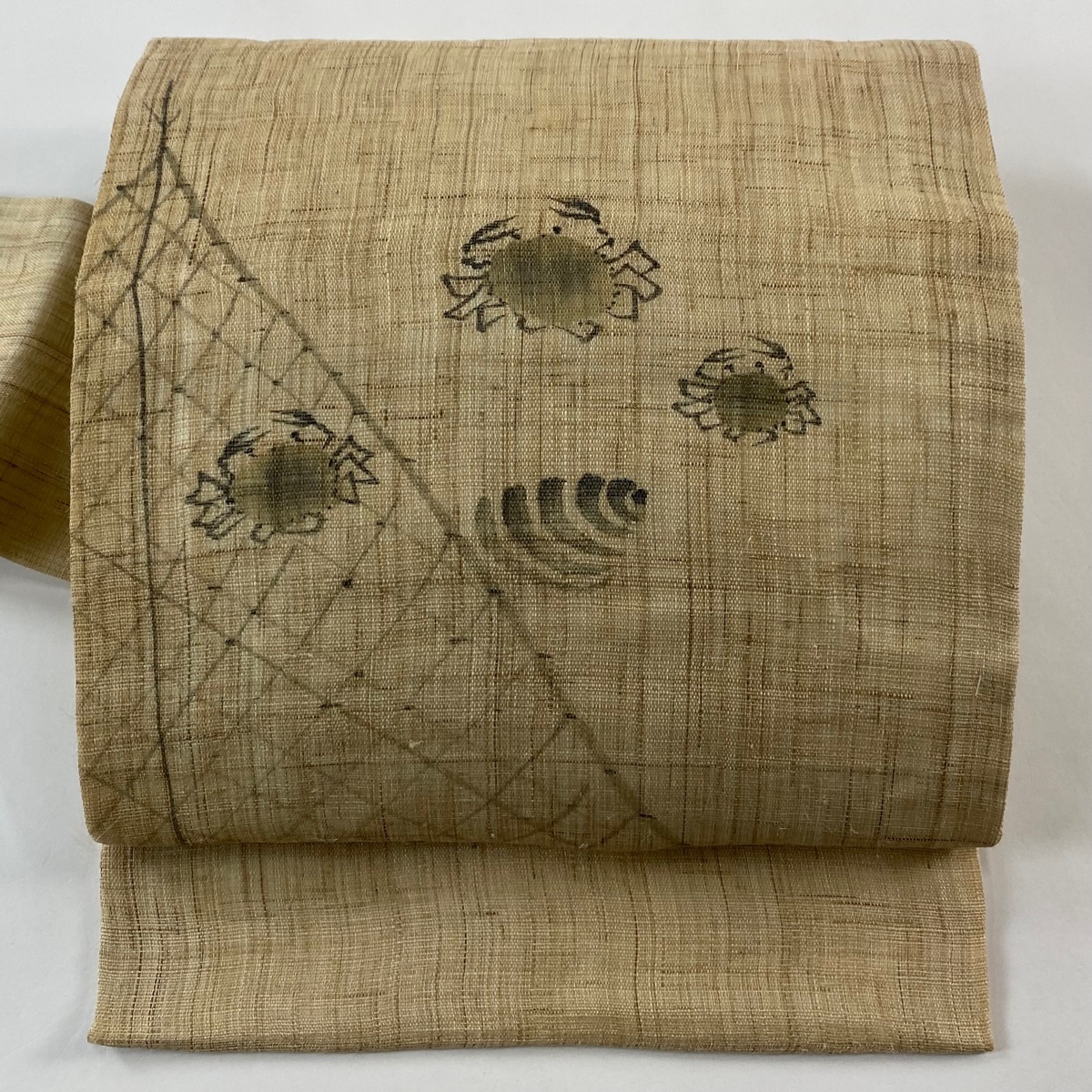 名古屋帯 秀品 落款 夏帯 蟹 貝 ベージュ 麻 【中古】拍卖