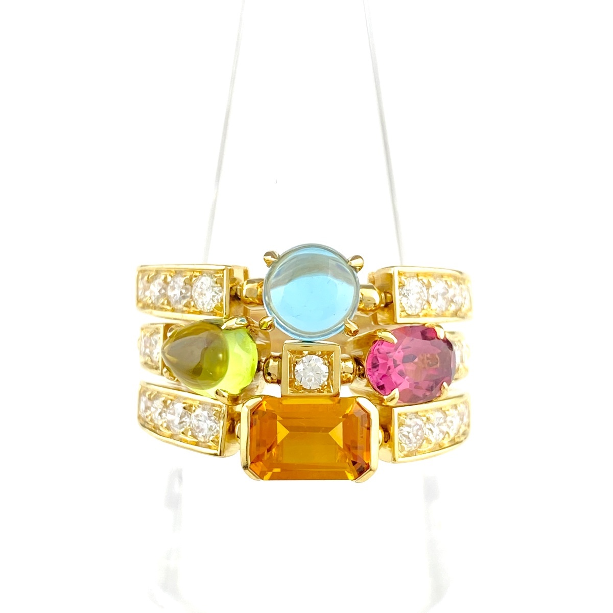 ブルガリ BVLGARI アレグラ マルチカラー 3連 リング YG イエローゴールド 指輪 メレダイヤ カラーストーン 15.5号 750 レディース 中古拍卖