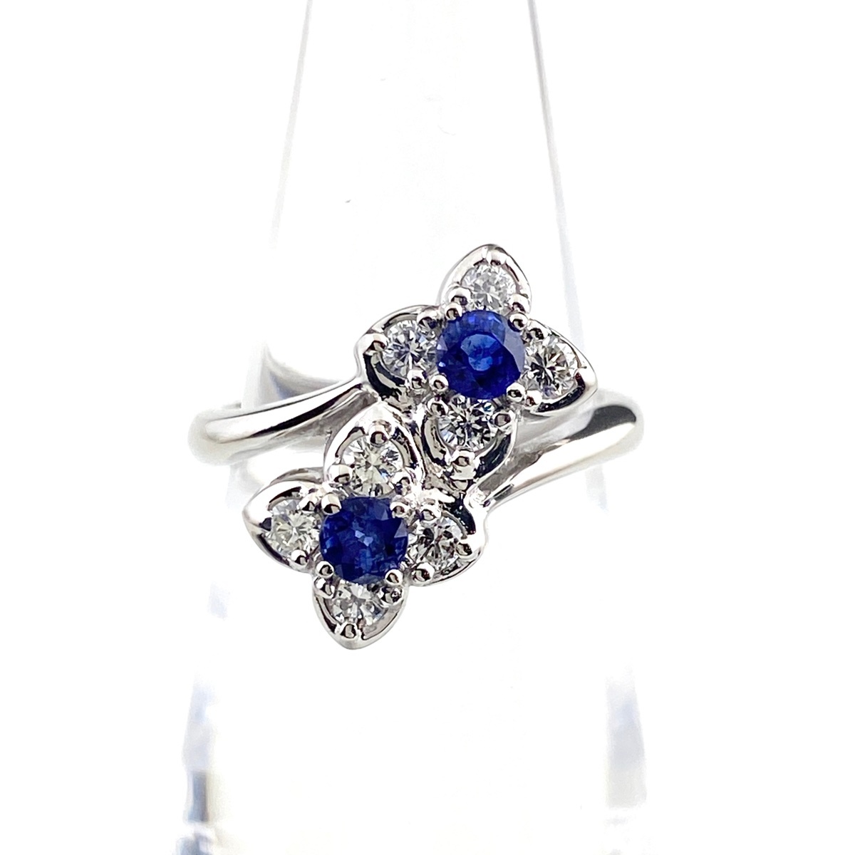 フラワーモチーフ デザインリング プラチナ 指輪 メレダイヤ 花 リング 8号 Pt900 サファイア ダイヤモンド レディース 【中古】拍卖