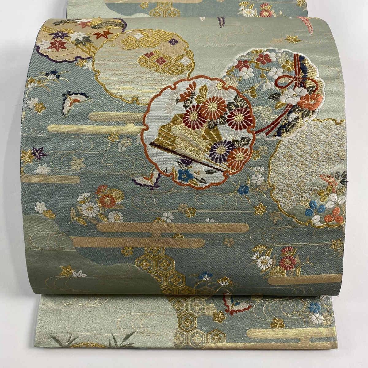 【美品】 袋帯 秀品 有職錦秀文 雪輪 草花 金糸 箔 薄緑 六通 正絹 【中古】拍卖